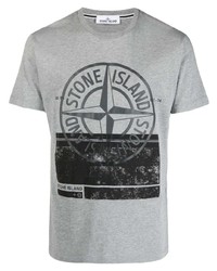Мужская серая футболка с круглым вырезом с принтом от Stone Island