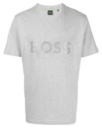 Мужская серая футболка с круглым вырезом с украшением от BOSS