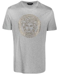 Мужская серая футболка с круглым вырезом с украшением от Versace