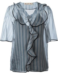Серая шелковая блузка с рюшами