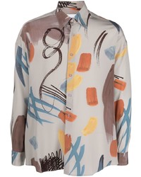 Мужская серая шелковая рубашка с длинным рукавом с принтом от Costumein