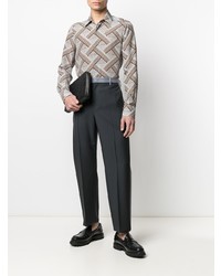 Мужская серая шелковая рубашка с длинным рукавом с принтом от Dolce & Gabbana