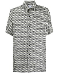 Серая шелковая рубашка с коротким рукавом с геометрическим рисунком