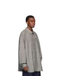Мужская серая шерстяная рубашка с длинным рукавом в шотландскую клетку от Gucci