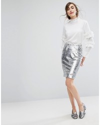 Серебряная юбка-карандаш с пайетками