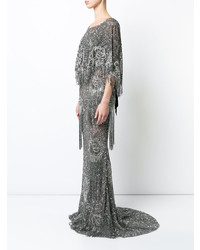 Серебряное вечернее платье c бахромой от Marchesa