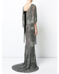Серебряное вечернее платье c бахромой от Marchesa