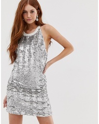 Серебряное облегающее платье с пайетками с украшением от Deby Debo