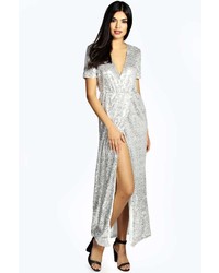 Серебряное платье-макси с пайетками