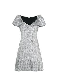 Серебряное платье прямого кроя с пайетками от Saint Laurent
