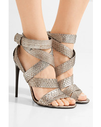 Женские серебряные босоножки со змеиным рисунком от Tom Ford