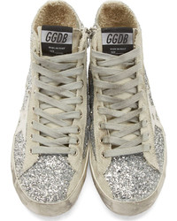 Женские серебряные высокие кеды с пайетками от Golden Goose