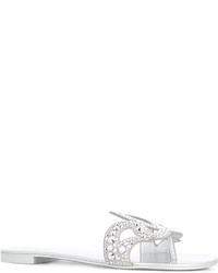 Серебряные замшевые сандалии на плоской подошве с украшением от Giuseppe Zanotti Design