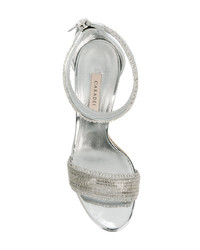 Серебряные кожаные босоножки на каблуке с украшением от Casadei