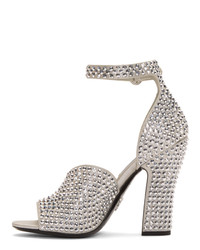 Серебряные кожаные босоножки на каблуке с украшением от Prada