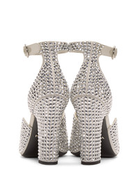 Серебряные кожаные босоножки на каблуке с украшением от Prada