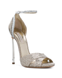 Серебряные кожаные босоножки на каблуке от Casadei