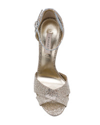 Серебряные кожаные босоножки на каблуке от Casadei