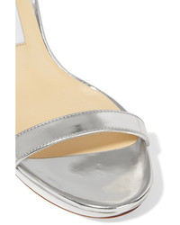 Серебряные кожаные босоножки на каблуке от Jimmy Choo