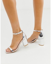 Серебряные кожаные босоножки на каблуке от Glamorous