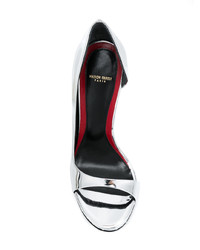 Серебряные кожаные босоножки на каблуке от Maison Ernest