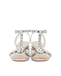 Серебряные кожаные босоножки на каблуке от Miu Miu
