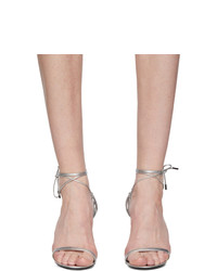 Серебряные кожаные босоножки на каблуке от Saint Laurent