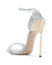 Серебряные кожаные босоножки на каблуке от Casadei