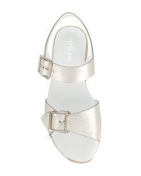 Серебряные кожаные босоножки на танкетке от Hogan