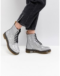 Серебряные кожаные ботинки на шнуровке со змеиным рисунком