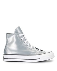 Мужские серебряные кожаные высокие кеды от Converse