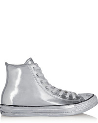 Женские серебряные кожаные высокие кеды от Converse