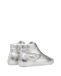 Мужские серебряные кожаные высокие кеды от Diesel