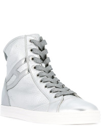 Женские серебряные кожаные высокие кеды от Hogan