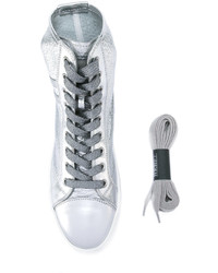 Женские серебряные кожаные высокие кеды от Hogan