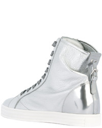 Женские серебряные кожаные высокие кеды от Hogan