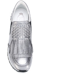 Женские серебряные кожаные кеды от Tod's