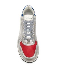 Мужские серебряные кожаные низкие кеды с принтом от Premiata