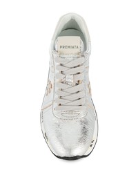 Женские серебряные кожаные низкие кеды от Premiata