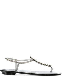 Серебряные кожаные сандалии на плоской подошве с украшением от Rene Caovilla