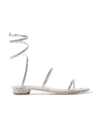 Серебряные кожаные сандалии на плоской подошве с украшением от Rene Caovilla