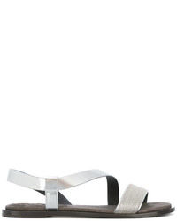Серебряные кожаные сандалии на плоской подошве от Brunello Cucinelli