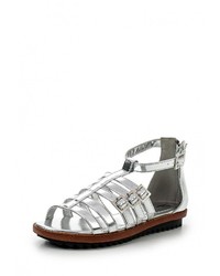 Серебряные кожаные сандалии на плоской подошве от Mimoda
