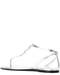 Серебряные кожаные сандалии на плоской подошве от Saint Laurent