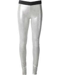Серебряные кожаные узкие брюки