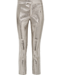 Серебряные кожаные узкие брюки в вертикальную полоску от Isabel Marant