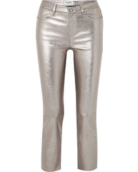 Серебряные кожаные узкие брюки от Frame