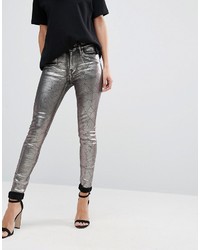 Серебряные кожаные узкие брюки от Replay