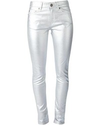 Серебряные узкие брюки от Saint Laurent