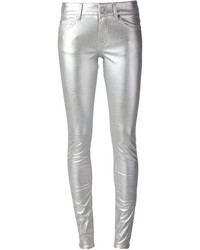 Серебряные узкие брюки от Saint Laurent